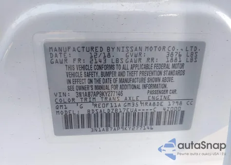 2019 Nissan Sentra Sv z USA, uszkodzony, nr VIN 3N1AB7AP9KY277146